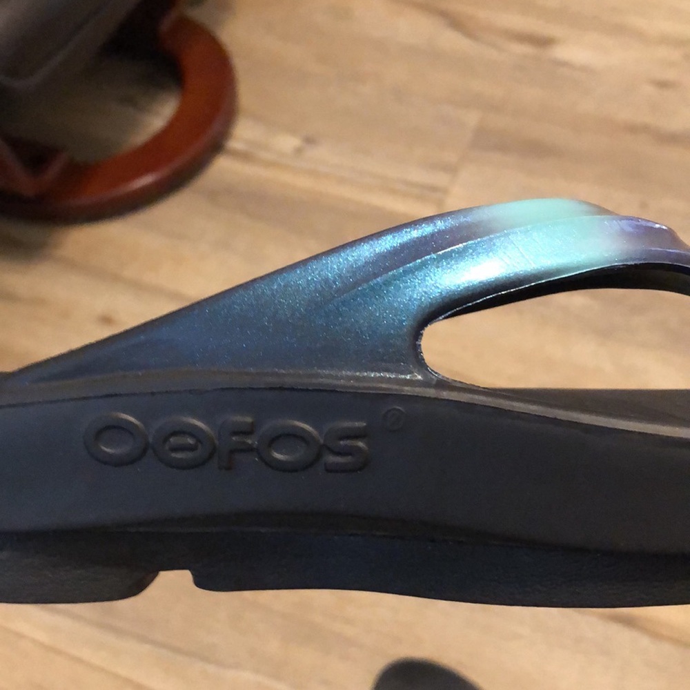 Oofos Womens Sandals Florescent Blue on Straps